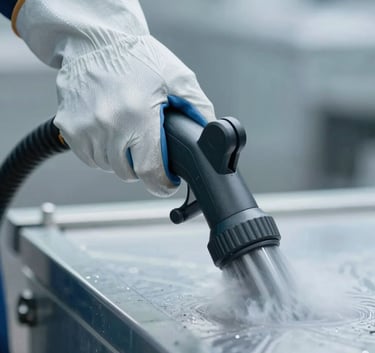Close up of an industrial worker's hand in a protective glove holding a professional steam cleaner against a metallic surface. Colors include #B0C4DE and #5D7A8F. High precision photography.