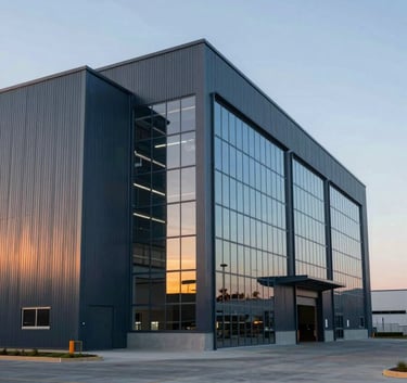 Exterior of a massive, modern industrial warehouse at sunset. The architectural lines are sharp, featuring steel and glass. Reflects the #2C3E50 brand color in the shadows and steel.