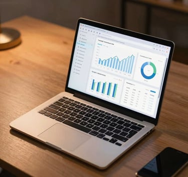 A high-angle shot of a sleek laptop displaying complex e-commerce sales dashboards and growth charts, sitting on a polished desk in a South Asian / Indian office setting with soft burnt orange ambient lighting.