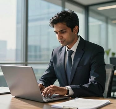 A confident South Asian / Indian business consultant in a professional dark navy suit, working on a laptop in a modern glass-walled office with sky blue highlights and natural sunlight.