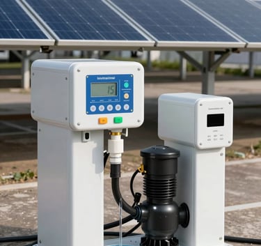A professional photo showing an array of high-quality monocrystalline solar panels connected to a water pumping station, clean modern design, International / Professional.