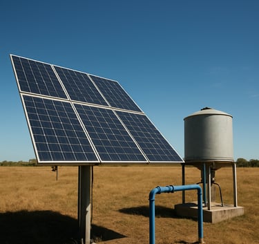 A wide-angle photography shot of a modern solar-powered borehole system in an open field, featuring solar panels and a distribution tank, blue sky, professional and authoritative tone, International / Professional.