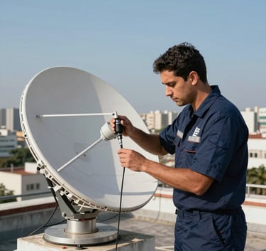 A medium shot of a professional technician in a modern uniform working on a satellite dish on a rooftop in a Brazilian city, clear sky, daylight, focus on precision and expertise, using dark blue and light gray palette.