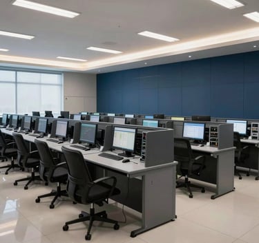 A wide-angle professional photograph of a modern telecommunications control center in South America, showing sleek equipment racks and a clean, organized workspace with soft natural light and dark blue accents.