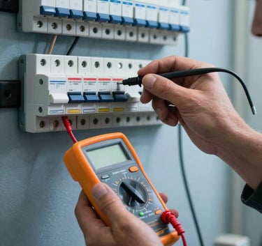 A detailed shot of an electrician's hand testing a circuit breaker with a digital multimeter in a North American / US garage setting, misty blue lighting.