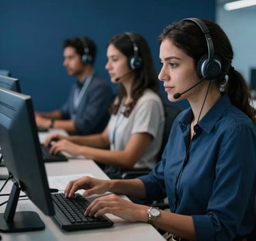 A modern call center with South American / Brazilian professionals using high-tech equipment, dark blue tone, professional and reliable atmosphere.