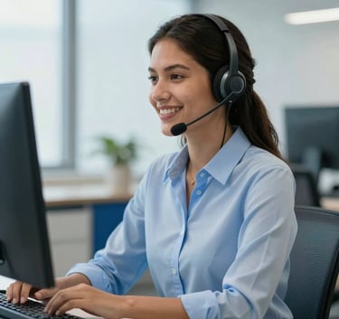 A smiling South American / Brazilian customer service representative wearing a modern headset, sitting in a bright professional office with very light blue and medium blue accents.