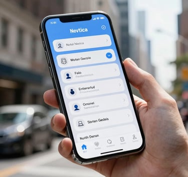 A sleek smartphone being used by a professional in a North American / US city setting, showcasing a clean and modern mobile interface. The lighting is bright and natural, with a hint of Sky Blue in the reflections.