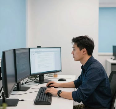 A professional developer in a modern North American / US office setting, focused on a workstation with multiple monitors. The environment features Mist White walls and subtle Sky Blue accents, reflecting a clean and innovative workspace.