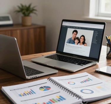 A clean and organized home office in a South American / Brazilian residence, showing a laptop and financial planners, reflecting a personalized family office atmosphere.