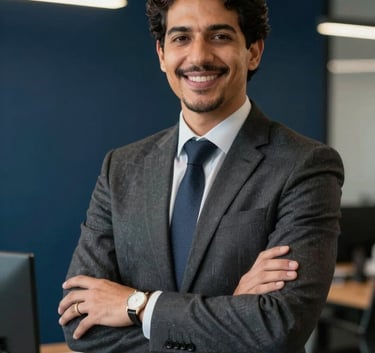 A professional portrait of a welcoming accountant in a modern South American / Brazilian office setting, dressed in business attire with dark navy blue background elements.