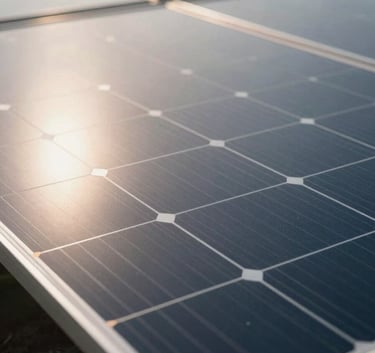 A close-up of premium solar panel cells reflecting the soft morning light, highlighting technical precision and modern clean design in a North American setting.