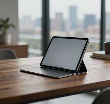 A minimalist, high-end North American home office setup with a sleek tablet on a polished wooden desk, soft natural light, and a blurred view of a city skyline in the background.