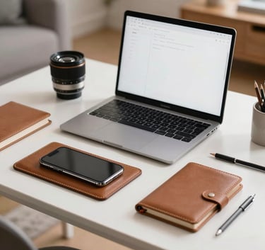 An organized desktop with a smartphone and premium leather stationery on a clean surface in a modern North American living space, capturing a sense of professional organization.