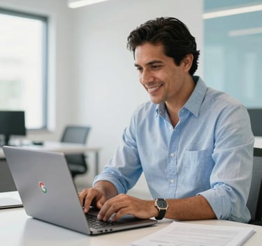 A medium shot of a local Mexican entrepreneur in a bright, modern office space, looking satisfied while reviewing a Google Business profile on a laptop. The scene is clean with white and light blue accents.