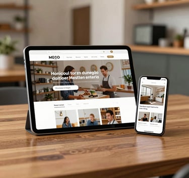 A high-quality lifestyle photograph of a professional website being displayed on both a tablet and a smartphone sitting on a clean wooden desk. The background is a soft-focus Mexican local business interior, showing reliability and modernity.