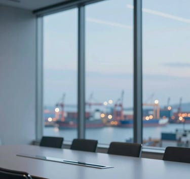 A modern, sophisticated glass-walled conference room overlooking a strategic logistics port at twilight, lighting and tones following the #263238 and #546E7A brand palette.
