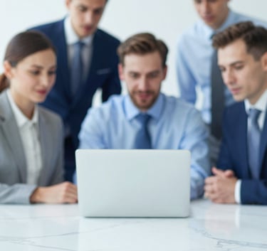 A group of professional business consultants in a blurred background, focusing on a clean marble table with a laptop, conveying transparency and expert guidance, featuring #ECEFF1 and #B0BEC5 tones.