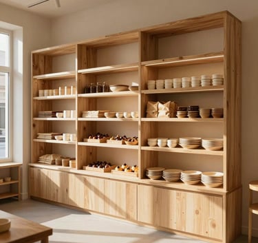 A serene, sun-drenched interior of a modern European artisanal bakery, featuring minimalist wooden shelving and warm parchment tones, professional architectural photography with a cozy atmosphere.