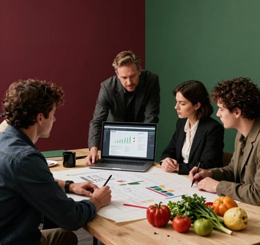 A professional North American marketing team in a cozy studio with deep ripe crimson and matte forest green decor, collaborating over a digital strategy on a parchment-colored table with fresh organic produce nearby, sophisticated and professional photography.