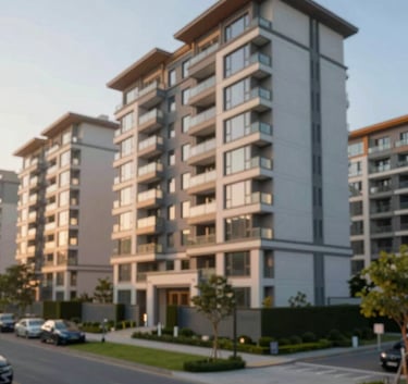 A beautiful, upscale residential apartment complex in Faridabad, featuring modern landscaping and elegant design. The image is captured during the 'golden hour' to provide warm, inviting lighting that contrasts with the professional cool blues of the brand.