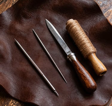 A top-down professional photograph of artisanal leatherworking tools, including a needle, thick thread, and a cutting knife, resting on a dark coffee brown leather hide in a sunlit South American workshop.