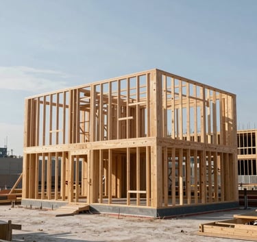 A minimalist, wide-angle shot of a modern residential construction site with clean wooden frames under a clear sky, emphasizing precise planning and sophisticated architecture.