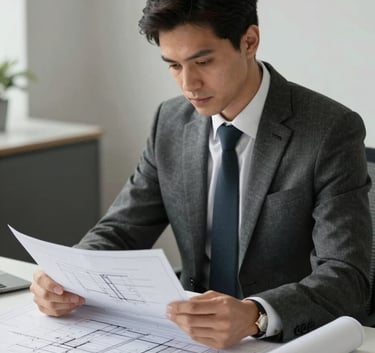 A sophisticated consultant in a charcoal business suit sitting at a modern desk, reviewing structural blueprints with a focused and professional expression.