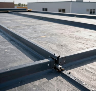 Close-up photography of a durable flat roof installation project on a North American commercial building. Gray and Dark Blue industrial materials are being applied with precision. The style is sharp and focused, showcasing heavy-duty construction quality.