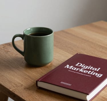 A minimalist Scandinavian interior featuring a cozy coffee setup on a wooden table, with a Matte Forest Green ceramic mug and a Deep Ripe Crimson digital marketing book.