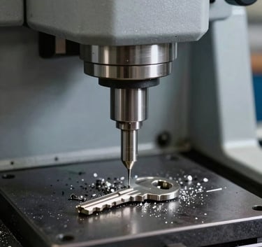 A high-precision key cutting machine in operation, carving a silver key with metallic shavings visible, set in a professional workshop.