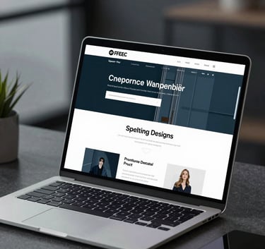 A high-end modern office setting with a sleek laptop displaying a high-performance website design. Professional lighting with deep #0F1E2E shadows and #F2F5F8 highlights. The vibe is innovative and trustworthy.