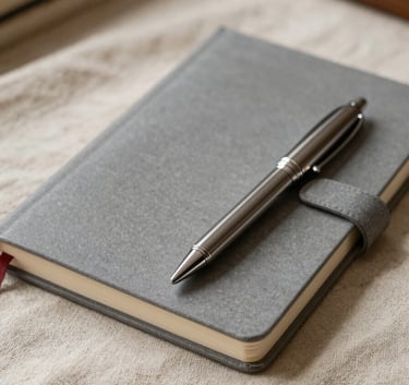 Macro photography of a high-quality muted stone gray notebook and a refined metal pen, lying on a light sand beige linen cloth in a North American / European study room.