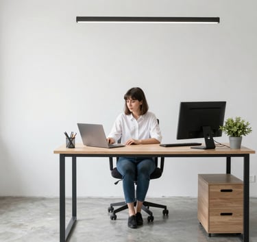 A modern and clean digital workspace with a laptop, a smartphone, and a minimalist ceramic mug. Soft blue and white accents throughout the desk. Spanish-speaking / Global.