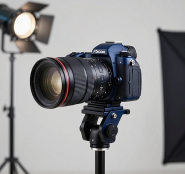 A professional camera and studio lighting equipment in a modern photography studio. Elegant composition with navy blue and pale grey tones. Spanish-speaking / Global.