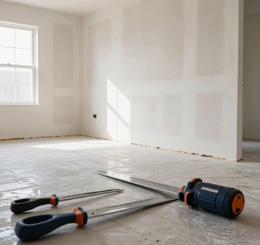 A wide-angle professional photograph of a bright, modern North American / US interior under renovation. New drywall sheets are installed with perfect alignment. The scene includes dark navy blue tools and steel grey accents, reflecting a sense of precision and reliability.