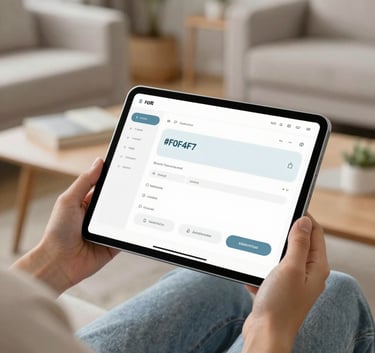 A person comfortably using a tablet in a bright, modern living room. The device shows a simple, user-friendly navigation menu. The image feels airy and peaceful, incorporating soft tones of #F0F4F7 and #4A6D7C.