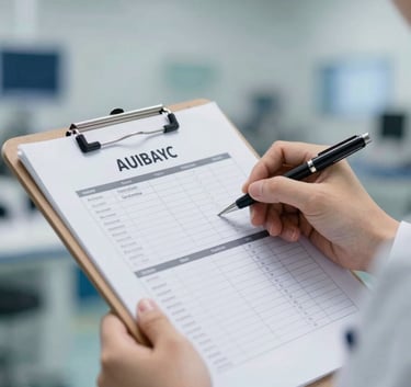A professional close-up of a clipboard with an audit checklist being reviewed in a clean, modern North American manufacturing facility with soft blue and white tones.
