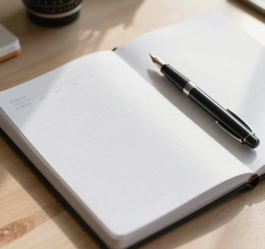 A clean, minimalist workspace in Brenham, Texas with a single professional notebook and a fountain pen on a light wood desk, bright natural morning light, reflecting a sense of precision and organization.