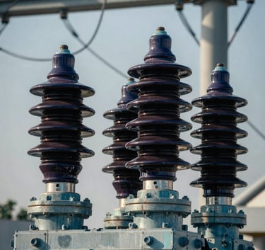 A close-up, cinematic photograph of high-voltage industrial insulators and ceramic bushings on a power transformer. The lighting is sharp, highlighting metallic surfaces in steel blue and dark slate navy shadows.