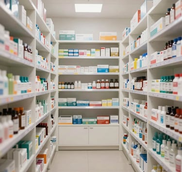 A wide shot of a modern South American pharmacy interior with clean white shelves and professional lighting, creating an atmosphere of trust and hygiene.