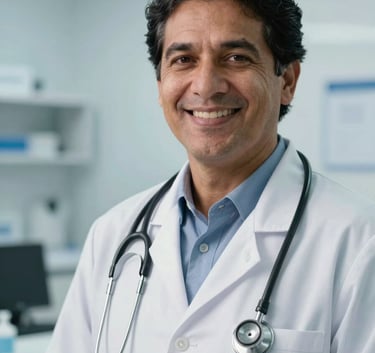 A South American pharmacist wearing a white coat and stethoscope, smiling warmly at the camera in a modern, brightly lit clinical office with a soft blue and white background.