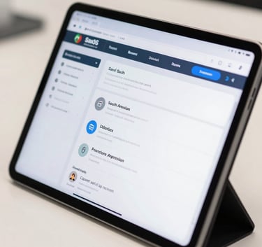 A close-up of a high-tech tablet displaying a professional SaaS dashboard with clean interface elements, placed on a white desk in a South American / Brazilian professional environment.