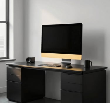 A professional, minimalist creative studio in a North American / Global city. The scene shows a high-end workspace with clean lines, a large monitor, and premium black furniture with golden light reflections.