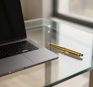A high-angle, minimalist photograph of a modern glass desk with a sleek laptop and a matte gold fountain pen. Soft morning light enters from a large window in a high-end North American / Global office environment with deep black and warm cream gold accents.