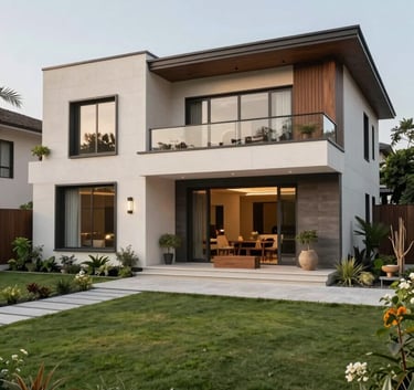 A wide shot of a luxury residential villa featuring contemporary South Asian design, clean lines, and premium finishes, surrounded by manicured greenery.