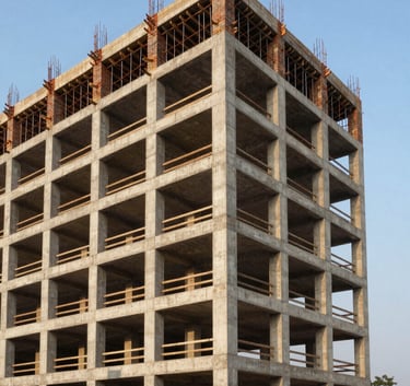 Professional architectural photography of a modern, multi-story concrete structure under development in Mysuru, with a clear blue sky and warm South Asian sunlight.