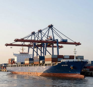A wide, professional shot of a modern international trade hub with blue cargo ships and cranes at a British port, soft morning light, portraying global connectivity.