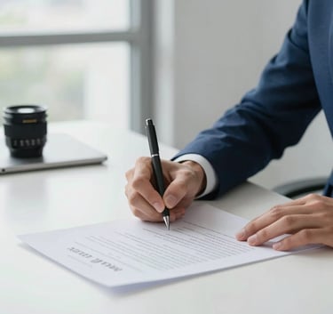 A close-up of a professional business agreement being signed on a clean desk in a bright, modern Western European office setting, featuring deep sea blue accents.