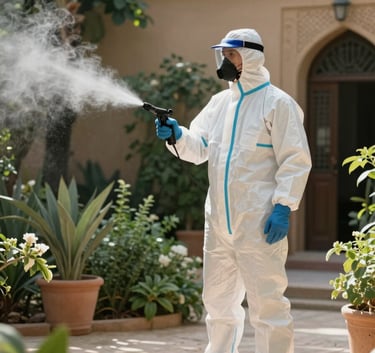 A professional pest control specialist in clean protective uniform spraying mist in a lush North African garden courtyard with sunlight filtering through.